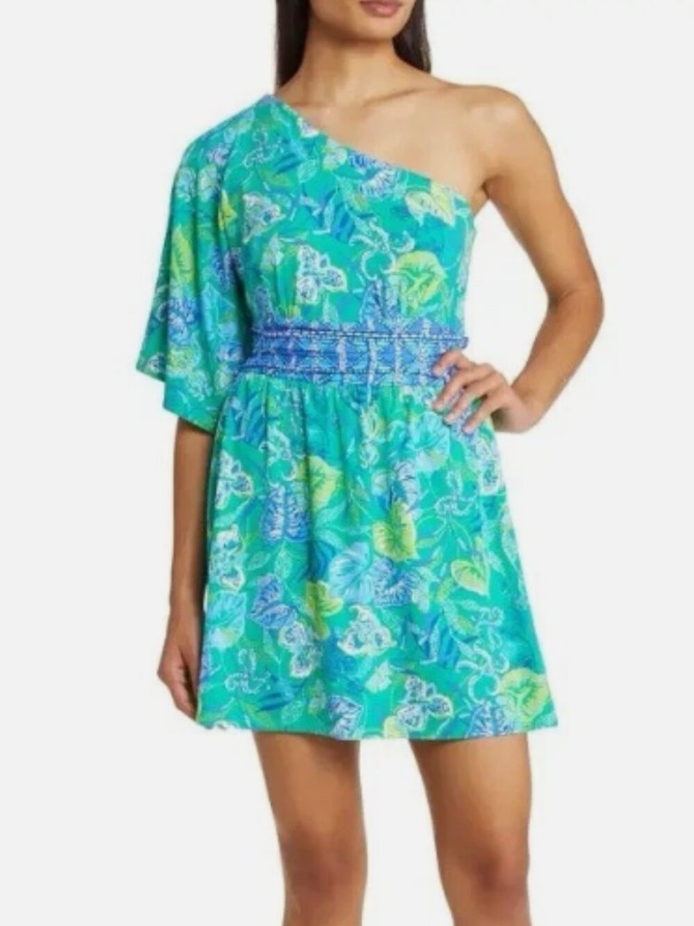 Lilly Pulitzer Niki One-Shoulder Romper in Botanical Green In A Flutter 12
